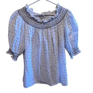 Loft White Swiss Dot Smocked Puff Ruffle Short Sleeve Women's Sz M